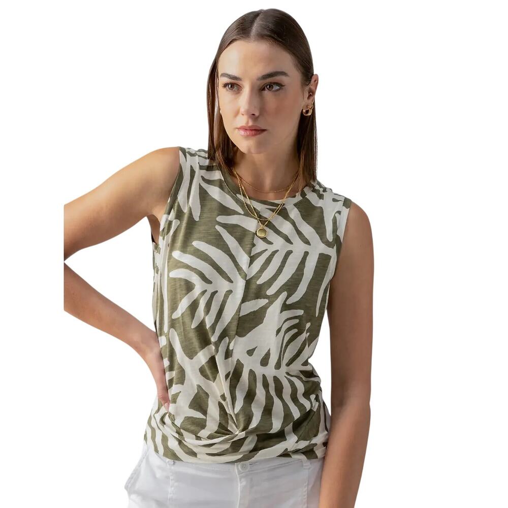 Sanctuary The Twisted Tank XS Olive Palm Print Sleeveless Knot Front Top